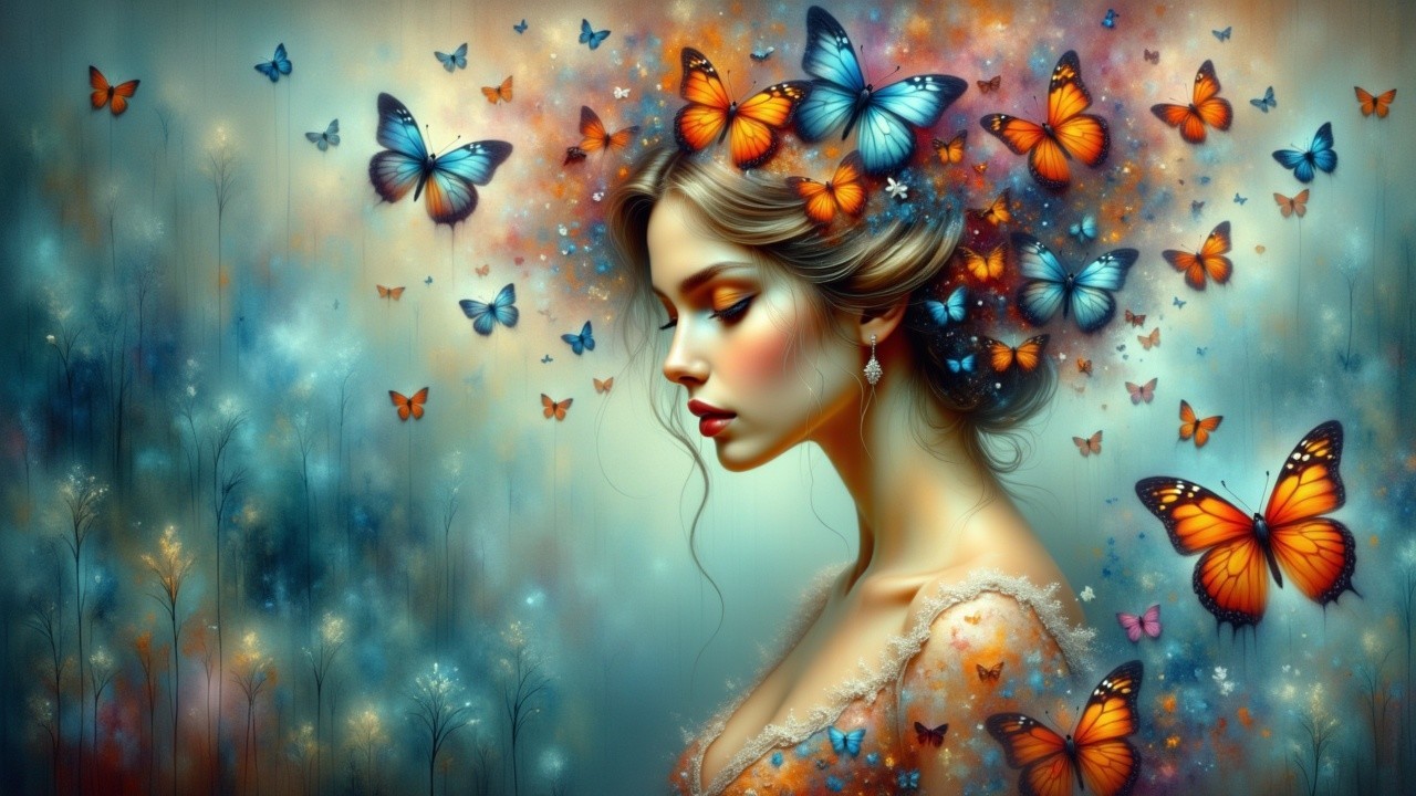 Profile of a Serene Woman with Colorful Butterflies