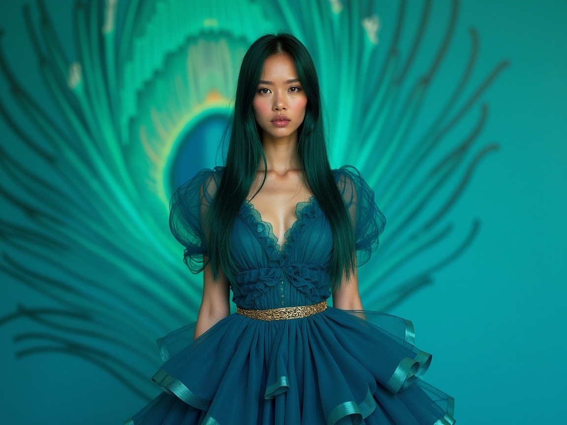 Teal Gown with Peacock Feather Designs and Ruffles