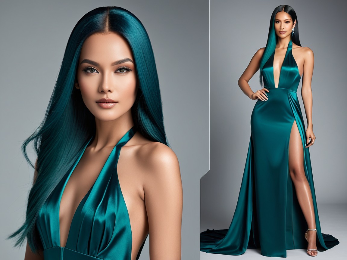 Model in Luxurious Teal Gown with High Slit