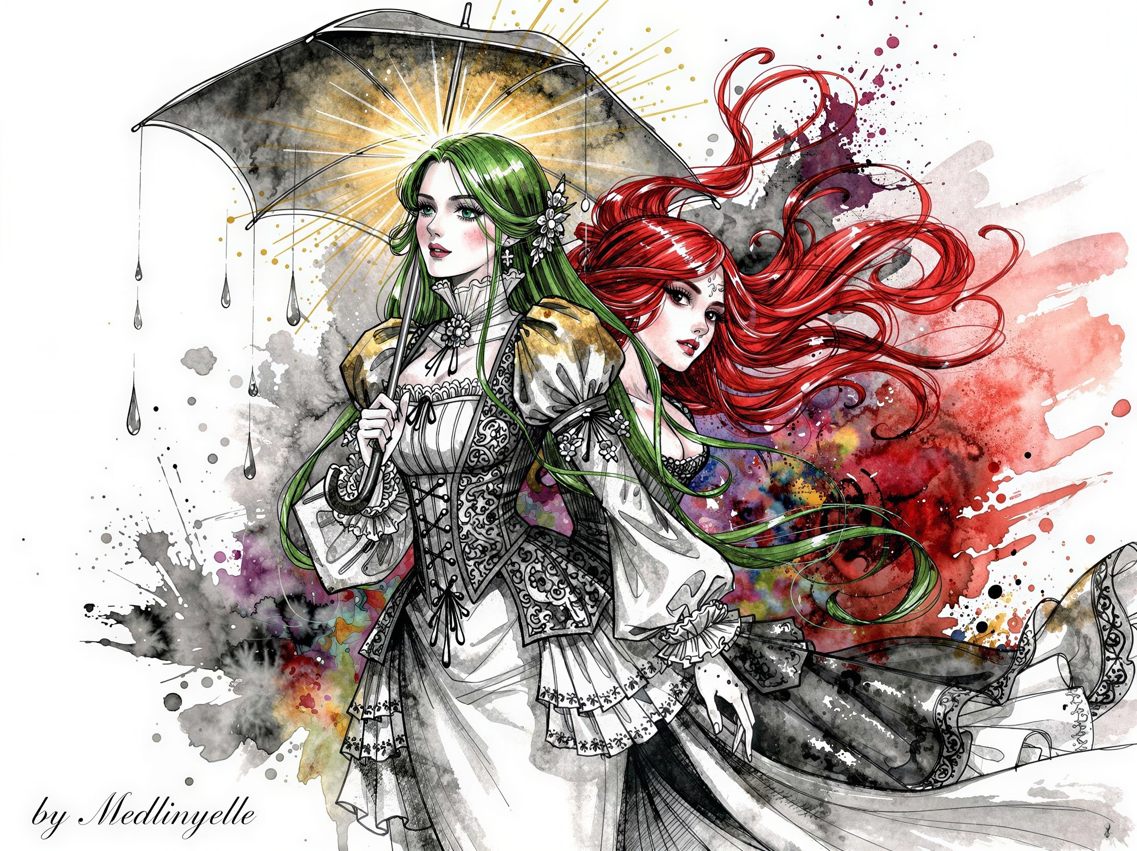 Watercolor Painting of Stylish Women with Umbrella