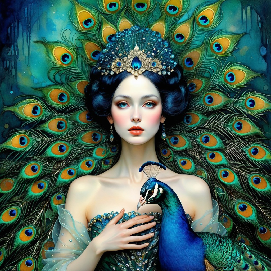 Serene Woman with Jeweled Crown and Peacock Feathers