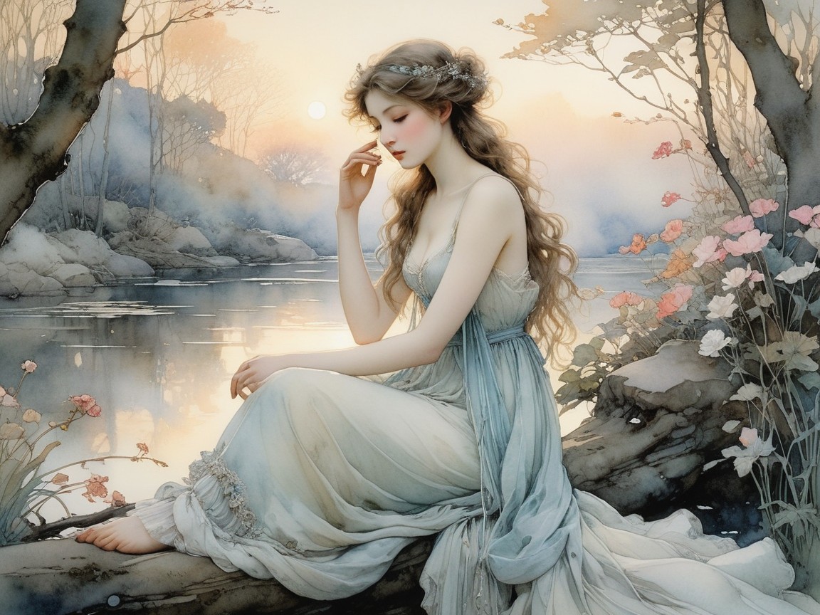 Graceful Woman by Tranquil Waterway at Dawn