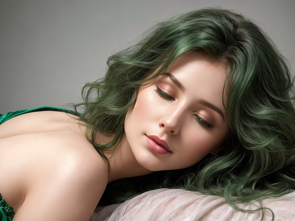 Portrait of a Young Woman with Green Hair and Calm Expression