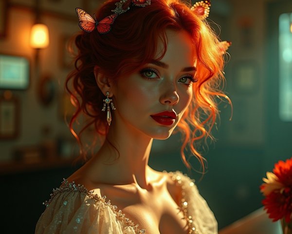 Young woman with red curls and butterflies in warm light