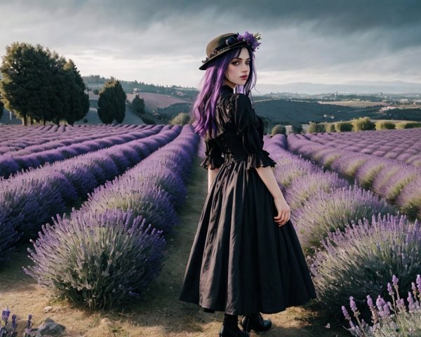 Young Woman in Lavender Field with Black Dress
