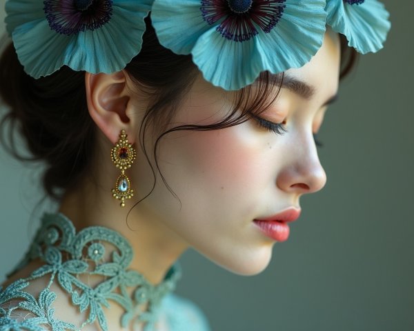 Profile of a woman with blue flowers and gold earrings