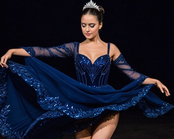 Dancer in Deep Blue Gown with Sequins and Beadwork