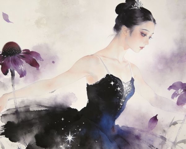 Ethereal Watercolor Ballerina in Dark Dress and Tiara