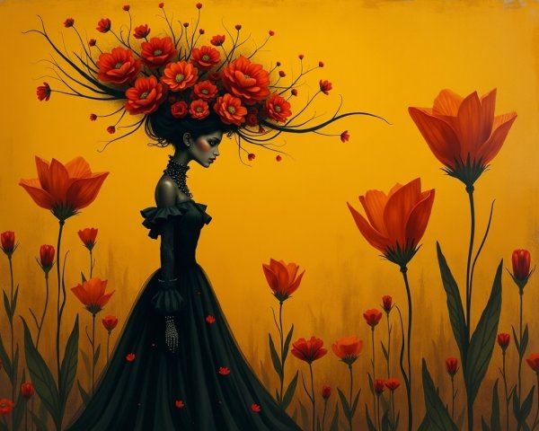 Silhouette of Woman with Floral Headdress on Orange Background
