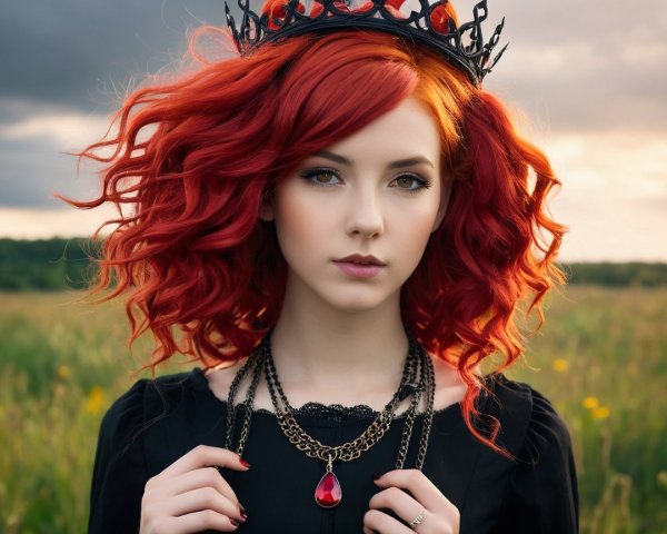 Young woman in elegant outfit in lush field setting
