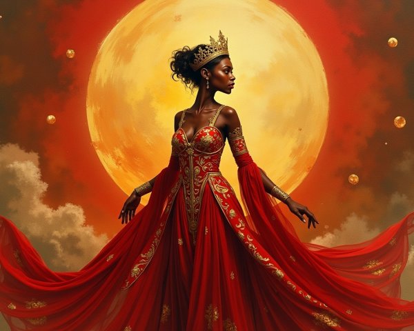 Regal figure in red gown against golden moon backdrop