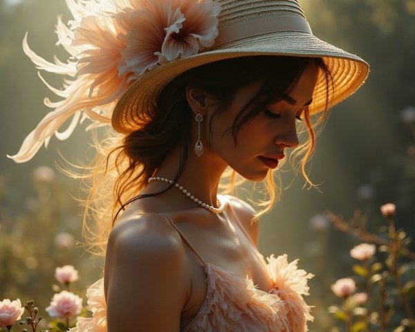 Elegant Woman in Sunlit Garden with Roses and Hat