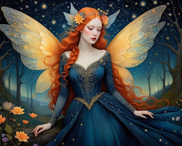 Fairy with Red Hair in Enchanted Forest Setting
