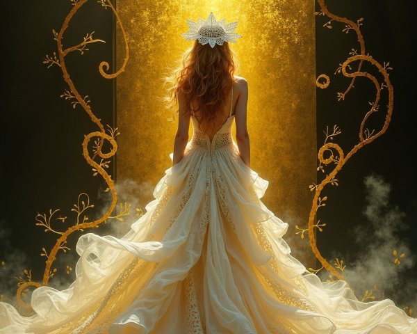 Elegant Figure in Flowing White Gown with Floral Crown