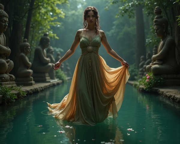 Elegant woman in gown by tranquil garden pool