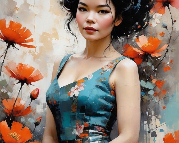 Elegant Woman in Teal Dress Among Orange Blossoms
