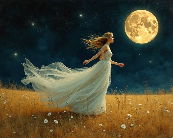 Young woman in white gown dances in moonlit field