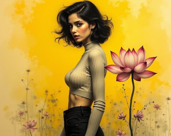 Young woman in beige top with lotus flower backdrop