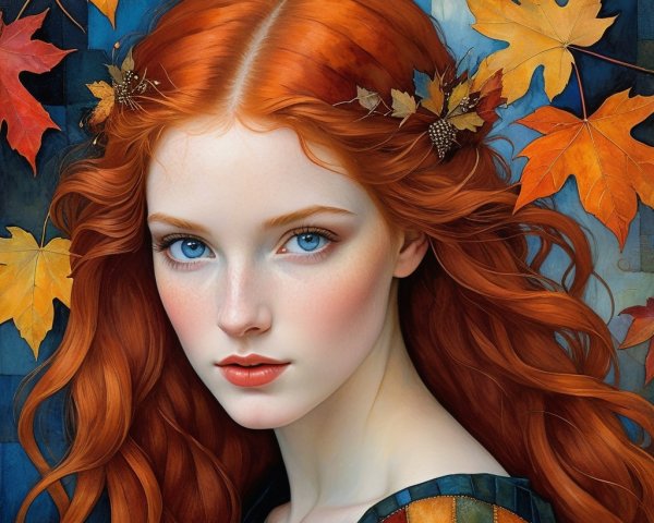 Portrait of Young Woman with Red Hair and Blue Eyes