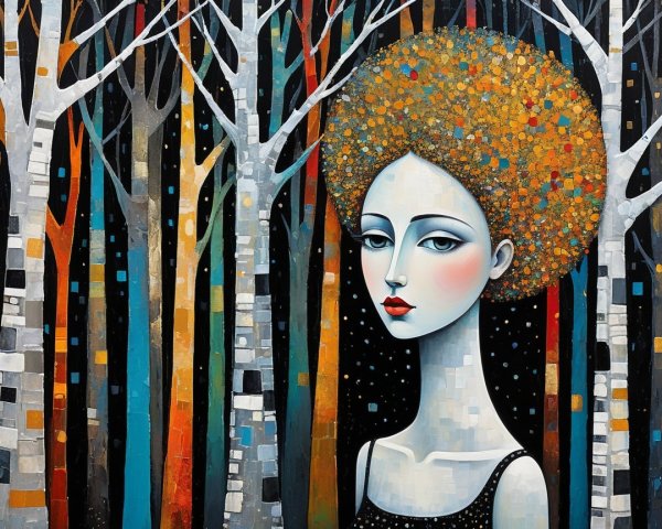 Stylized Painting of a Woman in a Forest Setting