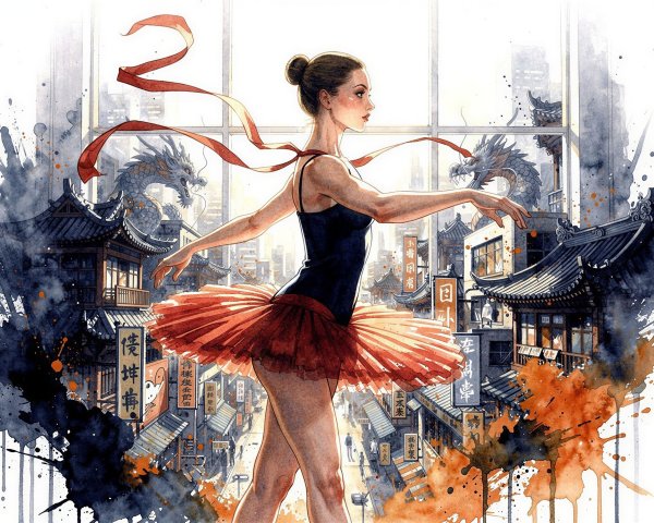Watercolor Painting of Ballerina in Japanese Streetscape