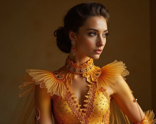 Elegant gown with intricate embroidery in vibrant orange
