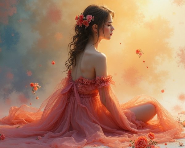 Young woman in coral gown surrounded by floral accents