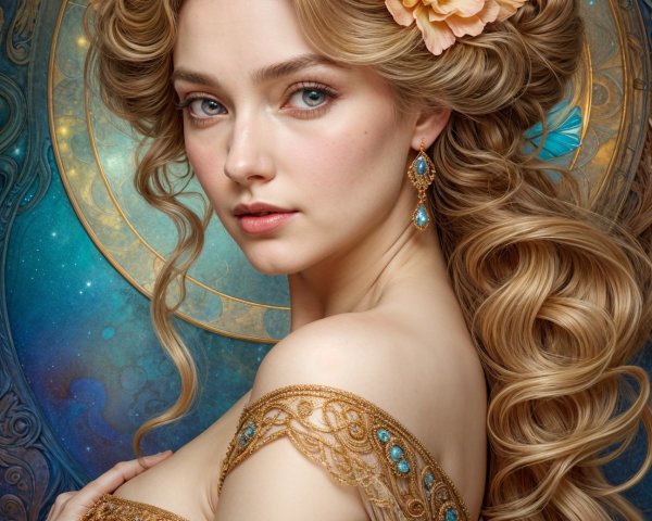 Portrait of a Young Woman with Golden Hair and Flowers