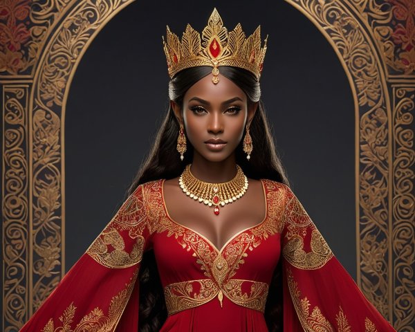 Regal figure in red gown with gold patterns and crown