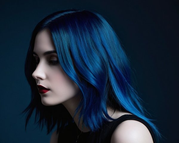 Portrait of a woman with vibrant blue hair and red lips