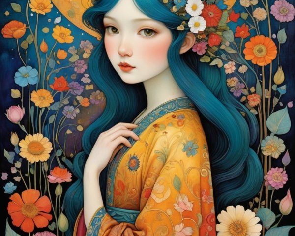 Young woman in golden kimono with teal hair and flowers