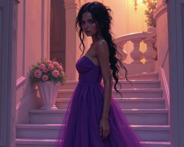Young woman in purple gown on elegantly lit staircase