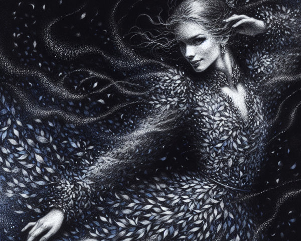 Elegant figure in leaf-patterned gown against dark backdrop