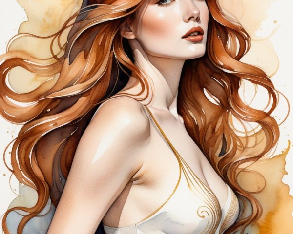 Watercolor Portrait of Woman with Red Hair and Elegance