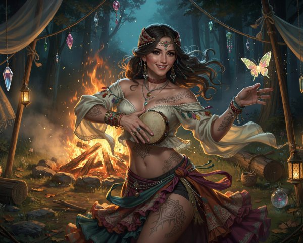 Digital Painting of a Joyful Gypsy Woman with Tambourine