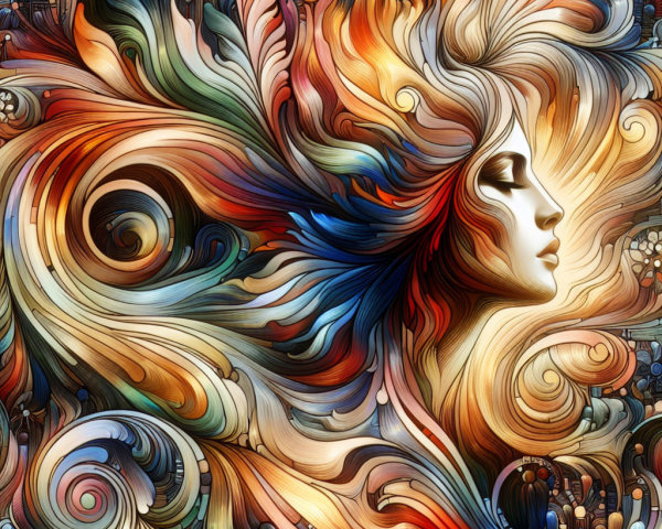 Stylized Female Figure with Colorful Flowing Patterns