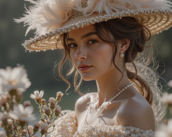 Young Woman in Elegant Outfit with Floral Accessories