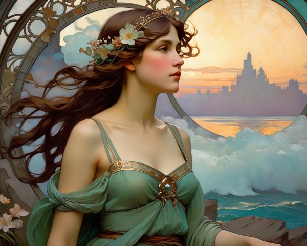 Serene Woman in Floral Crown Against Dreamlike Landscape