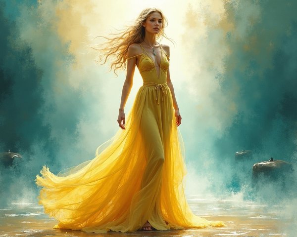 Young woman in yellow gown in misty landscape