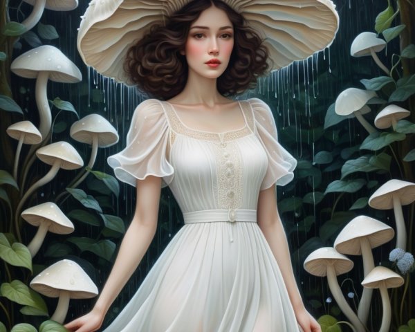 Young woman in white dress among giant mushrooms