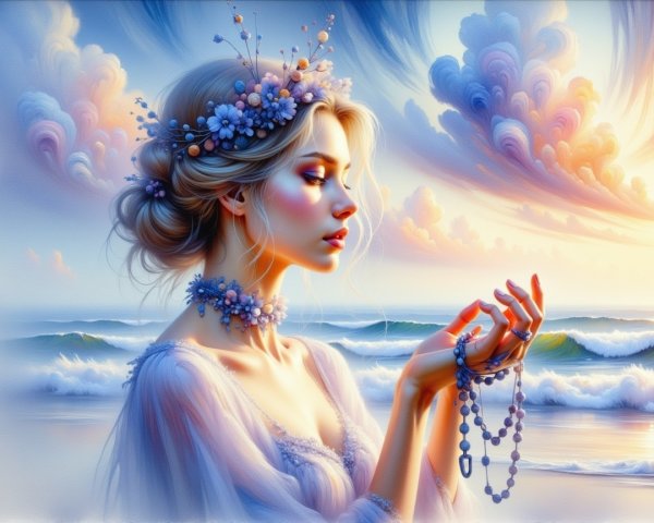 Serene Young Woman in Floral Crown by the Sea