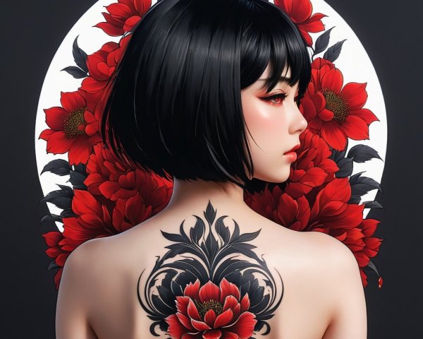 Young Woman with Floral Tattoo and Red Flowers