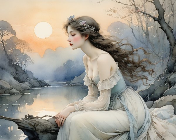 Young Woman by Tranquil River at Sunset