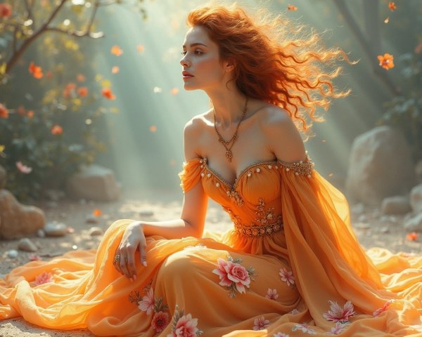 Young woman in yellow gown in sunlit forest setting