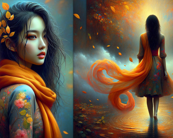 Young Woman by Water with Autumn Leaves and Light