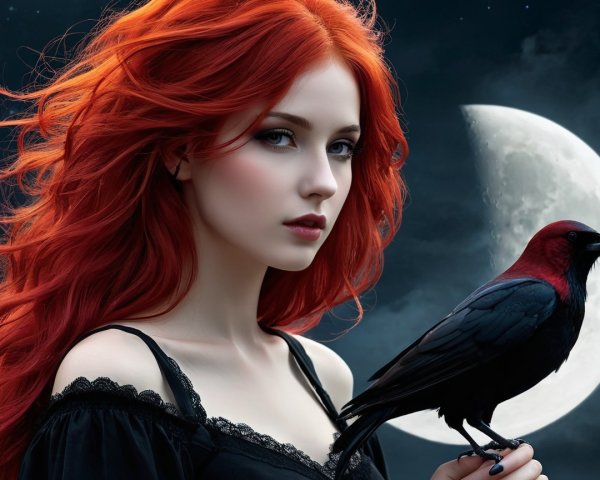 Young Woman with Red Hair and Black Bird at Night
