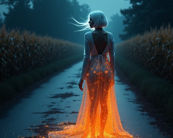 Misty Twilight Figure in Ethereal Gown at Cornfield