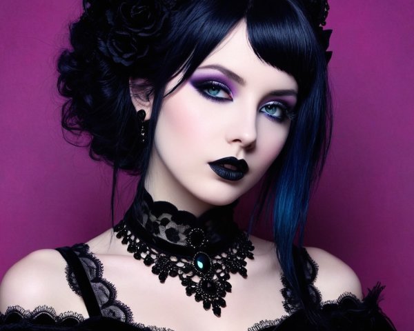 Gothic Elegance of a Young Woman with Roses and Makeup