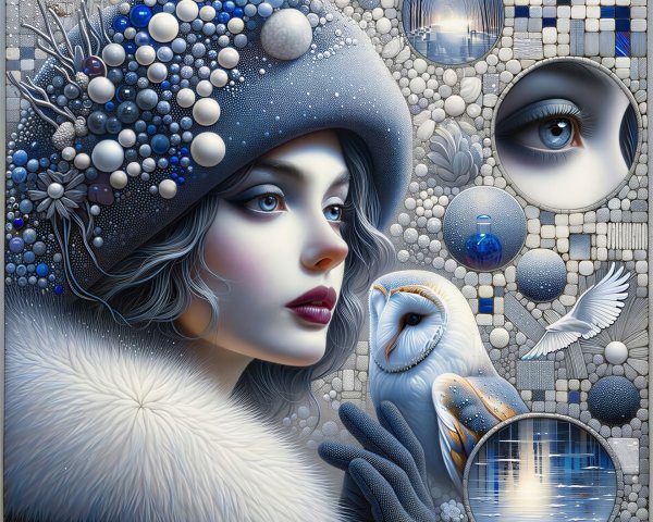 Textured digital portrait of a woman in winter scene