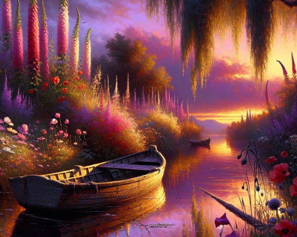 Serene River Scene at Sunset with Vibrant Flowers